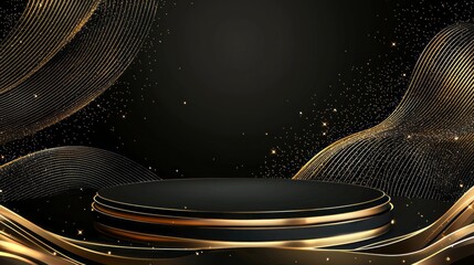 Poster - A magnificent black and gold setting features fluid curves and sparkling stars, perfect for showcasing products, artwork, or creative performances during events or presentations