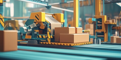 Poster - Automated packaging machinery in modern warehouse environment with cardboard boxes