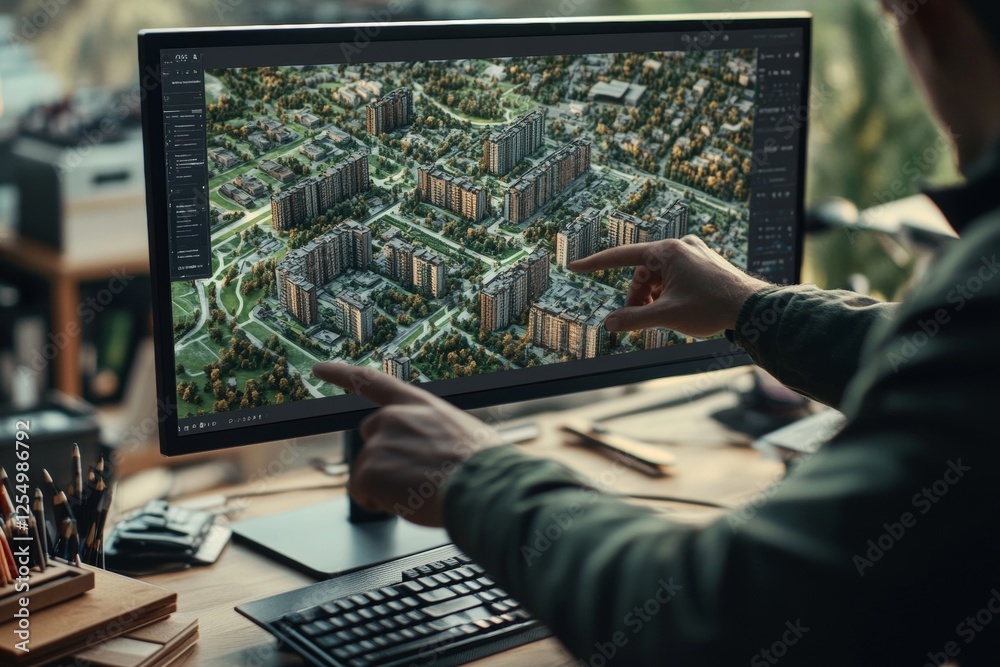 Architect designing urban development on computer in office with ...