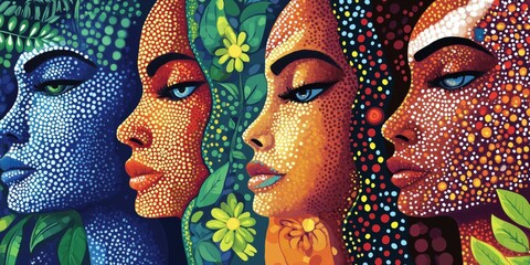 Poster - Colorful Portraits of Women Representing Diversity and Nature with Vibrant Patterns