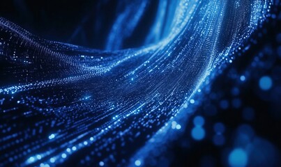 Poster - Blue glowing particles flowing in wave-like patterns, creating a mesmerizing digital landscape