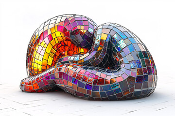 Wall Mural - Mosaic sculpture of two figures intertwined, vibrant with orange, red, purple, and blue hues against a white background.