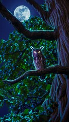 Poster - A mystical owl with glowing eyes, illuminated by soft neon lights in a dark enchanted forest