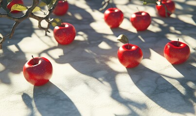 Poster - Red apples on surface casting shadows from tree branches