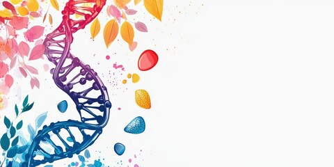 Poster - Colorful DNA Helix with Abstract Leaves and Water Droplets Illustrating Nature and Science