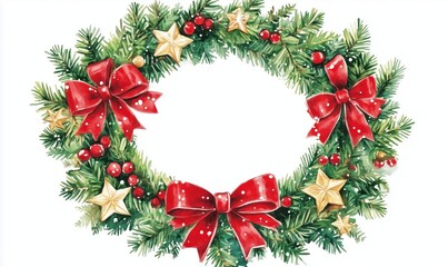 Wall Mural - Christmas wreath decorated with red bows, golden stars, and festive greenery