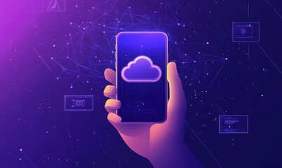 Fototapete - Cloud Computing Concept with Smartphone Displaying Cloud Icon and Digital Network Background