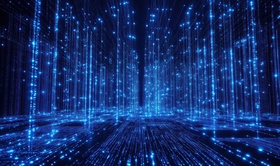 Poster - Digital Matrix with Glowing Blue Particles and Lines Creating Futuristic Environment