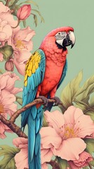 Wall Mural - Vintage drawing macaw flower parrot animal.