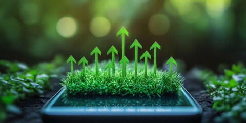 Poster - Growth Indicators on Smartphone Screen with Green Grass and Arrows Representing Progress