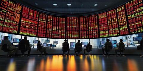 Poster - Stock market trading floor with analysts monitoring data on large screens