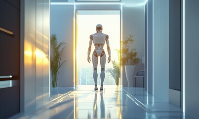 Poster - Futuristic humanoid robot walking in modern hallway with sunset view and greenery