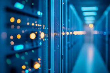 Poster - Server room, data center aisle, glowing lights, network technology, IT infrastructure
