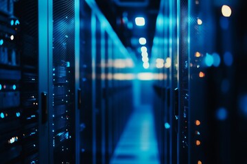 Poster - Blue-lit server room, data center aisle, networking infrastructure, background lights, tech