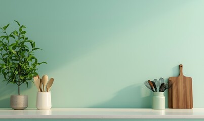 Canvas Print - Modern kitchen countertop with utensils, plants, and wooden cutting board against mint green wall