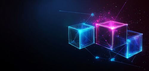 Poster - Glowing Cubes Network, Dark Background, Digital Data
