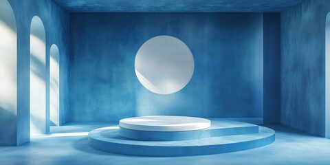 Poster - Minimalist blue interior with circular podium and mirror, modern design aesthetics