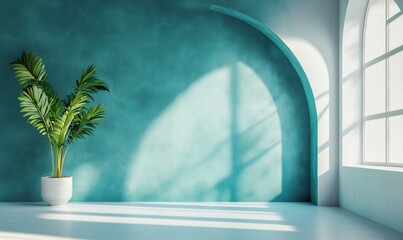 Poster - Modern interior design featuring teal wall, large window, and potted palm plant