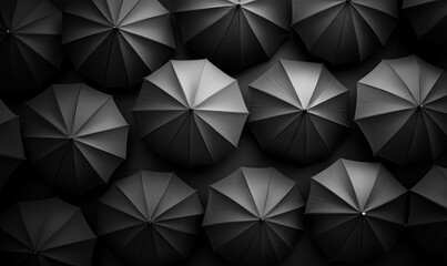 Poster - Black umbrellas arranged in a symmetrical pattern on a dark background