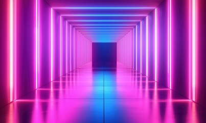 Poster - Neon-lit corridor with vibrant pink and blue lights creating a futuristic atmosphere