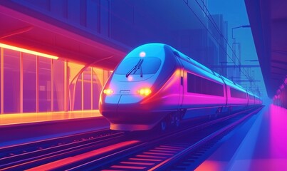 Poster - Futuristic high-speed train at neon-lit station with vibrant colors and sleek design