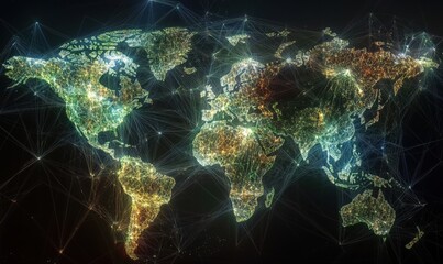 Poster - Illuminated World Map with Network Connections and Data Visualization