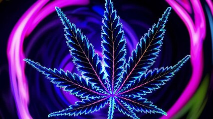 Poster - A vibrant cannabis leaf covered in dewdrops, illuminated by glowing neon lights in a dreamy and futuristic atmosphere