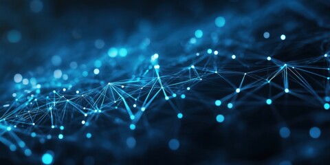 Poster - Abstract digital network connections with glowing blue nodes and lines in a dark background