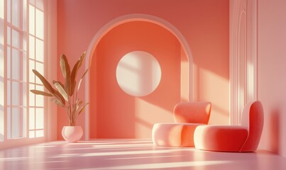 Poster - Modern minimalist interior design with coral tones, large windows, and stylish furniture
