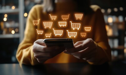 Poster - Online shopping experience with smartphone and shopping cart icons in background