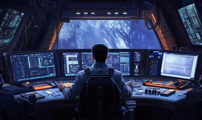 Poster - Astronaut at Control Panel Overlooking Earth from Space Station with Advanced Technology