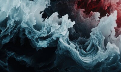 Poster - Abstract fluid art depicting swirling waves of blue and red colors with dramatic textures