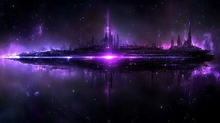 Poster - futuristic cityscape on water reflection of nebula in purple starry sky space concept art render