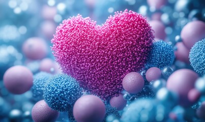 Poster - Heart shape made of colorful spheres surrounded by various microscopic particles and textures