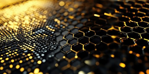 Poster - Golden Hexagonal Patterns on Black Surface with Shimmering Light Effects