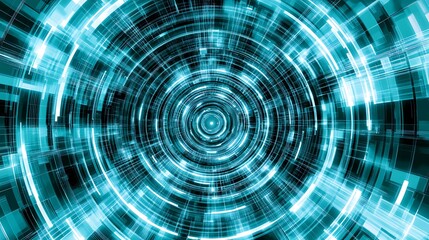 Poster - Futuristic Cyber Tunnel of Interconnected Data Stream Technology in Cyan and Black Abstract Design