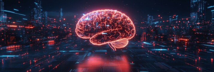 Leinwandbilder - Abstract digital representation of a brain with glowing circuits and wires in a futuristic city environment. Generative AI