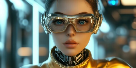 Poster - Futuristic cyborg woman with blue eyes and high-tech glasses in a sleek environment