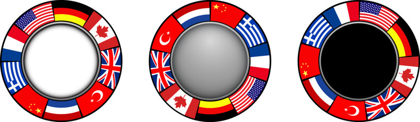 Fototapete - Business icons with international flags around, ring with flags buttons  with copy space, business concept symbols.