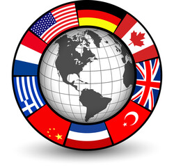 Poster - Business icon with earth globe and international flags around, ring with flags button, business concept symbol.