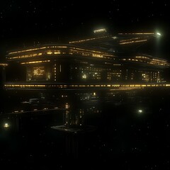 Poster - Futuristic Structure Lit by Golden Hues in Dark Starry Sky with Architectural Details and Cityscape
