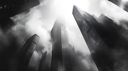 Canvas Print - Low angle view of skyscrapers shrouded in fog, monochrome.