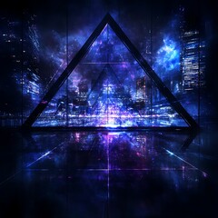 Poster - Geometric Abstraction Cityscape Futuristic Architecture Art for Modern Decor Dark Neon Ambiance