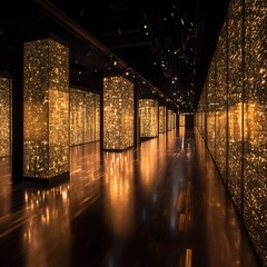 Poster - Gleaming Gallery Illumination Hall of Mirrors with Gold Glittering Lights in Reflective Display