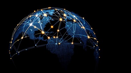 Poster - Global Network Connection with Dotted World Map on Dark Background for Technology Concept
