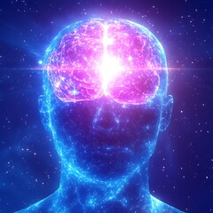 Poster - Glowing Brain Power Neural Network Connection in Human Head Starry Sky Background Innovation