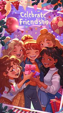 Friendship Day poster featuring friends dancing in a circle at an outdoor festival