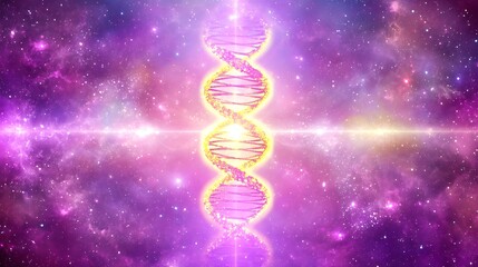 Poster - Glowing DNA Strand Visualization in Cosmic Nebula Galaxy Backdrop Creating Abstract Art Imagery
