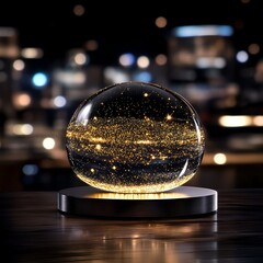 Poster - Glowing Orb Displaying a Cityscape of Golden Lights Creating a Dreamy and Magical Ambience Scene
