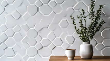 Poster - White wall with hexagonal pattern, vase with small branches. Interior design, home decor